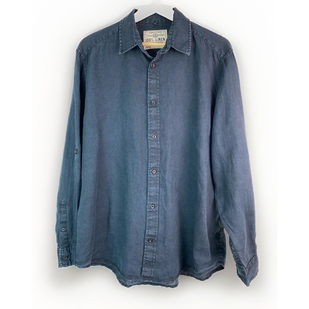 Angelo Litrico Men's XL Navy Blue 100% Linen Roll Tab Button Up Shirt